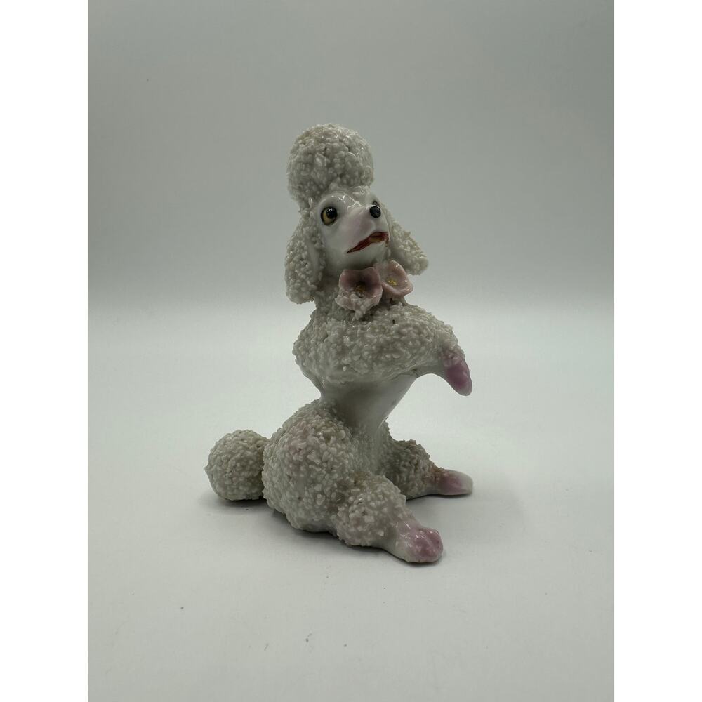 Vintage Kitsch Poodle Figurine – Spaghetti Ceramic, Pink Flowers, Made in Japan
